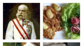 Od lewej na górze: cesarz Franciszek Józef, sznycelki cielęce
Od lewej na dole: omlet cesarski z czereśniami, sztućce bywały dziełami sztuki