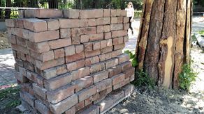 Tuż pod drzewami zalegają spakowane materiały rozbiórkowe oraz palety z nową kostką brukową