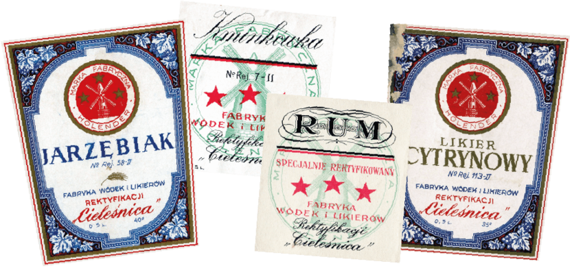 Etykiety alkoholi produkowanych przed wojną w Cieleśnicy