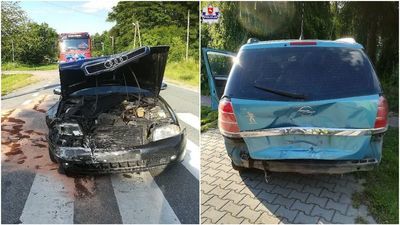 Zderzenie dwóch samochodów. Jednym z nich podróżowała czteroosobowa rodzina