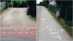 Napisy pojawiły się na chodniku w nocy z czwartku na piątek. Ścieranie nic nie daje, farba trzyma się mocno