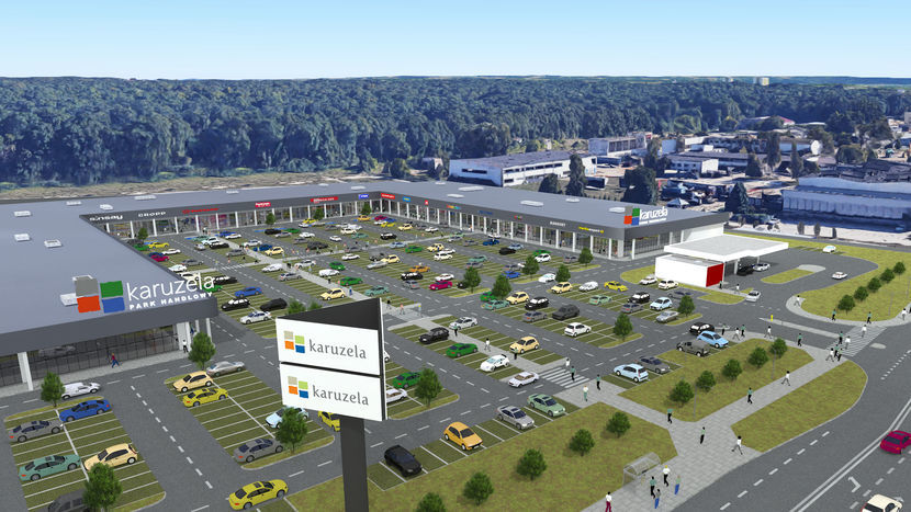 Nowy budynek parku handlowego "wgryzie się" w puławskie TESCO, otaczając istniejący parking z trzech stron. Zakupy puławianie zrobią tutaj późną jesienią 2022 roku