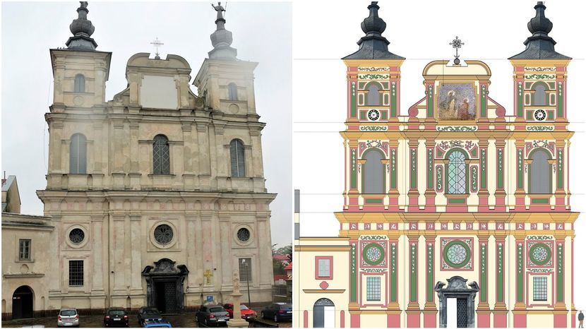 Kościół pw. św. Franciszka Ksawerego w Krasnymstawie teraz i jego fasada w oryginalnej kolorystyce 