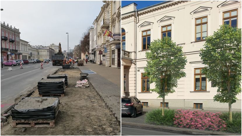 Z lewej: Dzisiaj ruszyła budowa rabat w chodniku Krakowskiego Przedmieścia od ul. 3 Maja do Ewangelickiej.<br />
Z prawej: Finalny efekt na wizualizacji.