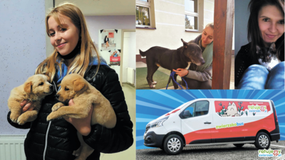 Od lewej: Wolontariuszka Oliwia Hałas, Karolina Stępień, wiceprezes Przyjaznej Łapy, z psem Rubensem oraz Marta Wrotna, właścicielka domu tymczasowego dla zwierząt