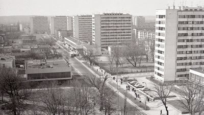 Widok na ulicę Centralną w Puławach prawdopodobnie z dachu hotelu Izabella wykonane w 1979 roku. Fotografię udostępniła Pracownia Dokumentacji Dziejów Miasta.