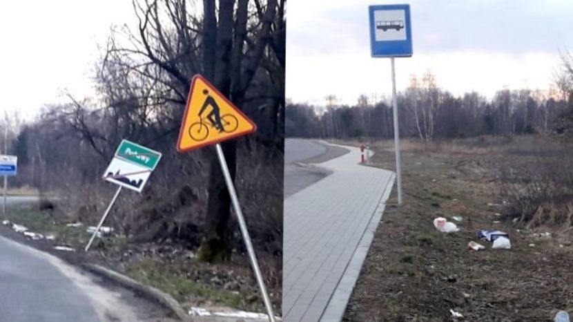 Nieznani sprawcy szarpali się ze znakami drogowymi przy ul. Puławskiej na terenie gminy Końskowola. Kilkaset metrów dalej zaśmiecono okolice przystanku autobusowego
