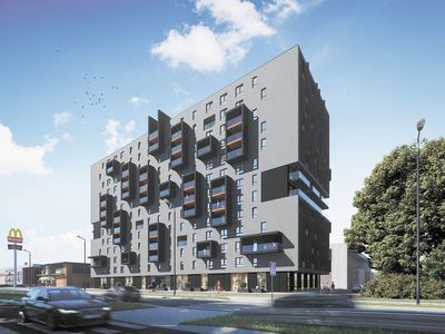 Widok na budynek od strony al. Spółdzielczości Pracy. Ceny, w zależności od piętra i strony, zaczynają się od 9999 zł brutto za metr. Droższe lokale są od strony południowej