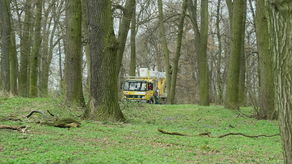 Nasza Czytelniczka zauważyła w poniedziałek przez ogrodzenie wysięgnik z robotnikami przycinającymi gałęzie drzew.