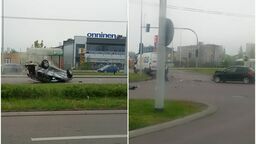 Lublin: Zderzenie dwóch pojazdów na ul. Mełgiewskiej. Jedno z aut dachowało