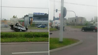 Lublin: Zderzenie dwóch pojazdów na ul. Mełgiewskiej. Jedno z aut dachowało