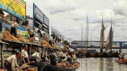 Przerobiony obraz Aleksandra Gierymskiego "Piaskarze". Ten oraz kilkanaście innych obrazów polskich mistrzów malarstwa oszpeconych reklamami można oglądać w pobliżu błoni
