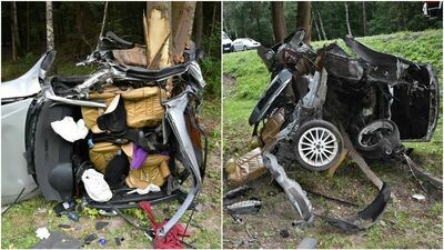 Tragicznie wyglądający, śmiertelny wypadek. Samochód owinął się wokół drzewa