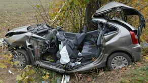 Samochód roztrzaskał się na drzewie. Zakleszczonych ludzi wydobywali strażacy