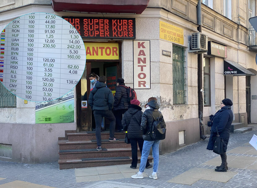 Kantory przy ul. Peowiaków w Lublinie prowadziły w poniedziałek regularny skup ukraińskich pieniędzy. Najwięcej można było dostać 12,50 zł za 100 hrywien