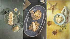 Od lewej: Pierogi z wędzonym dorszem, stek z łososia na pieczonym kalafiorze i spaghetti z flądrą