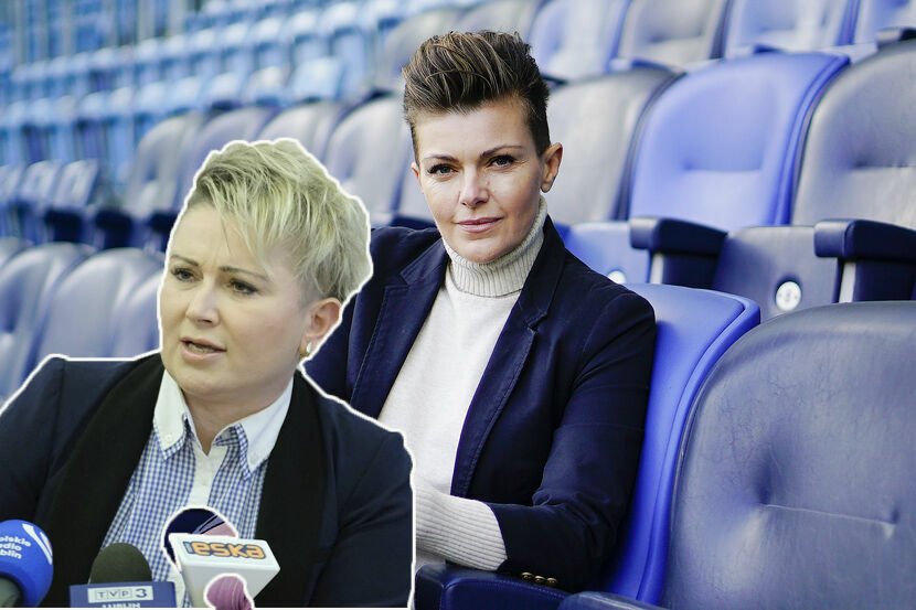 Marta Daniewska (to ta pani, co siedzi na trybunach) i Anna Ryfka (to ta, co sponsoruje piłkarki)