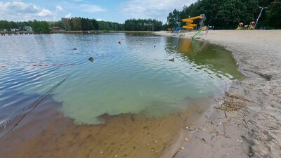 Wykwitu sinic w biłgorajskim zalewie nie da się nie zauważyć. Niebieska plama na kąpielisku jest ogromna.