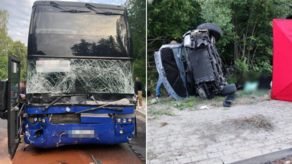 Autokar wjechał w volkswagena. Jeden mężczyzna zginął na miejscu, drugi w szpitalu