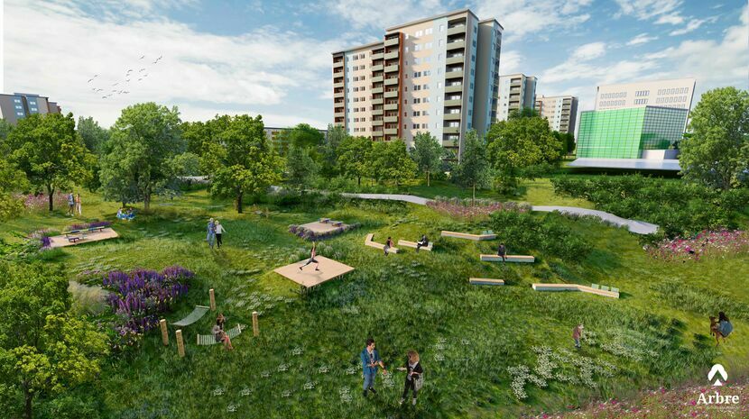 Tak według oficjalnej koncepcji nowego parku miałaby wyglądać jego „polana północna” położona w pobliżu ul. Kameralnej i al. Smorawińskiego