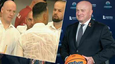 Koszykarski mecz Polska - Izrael na Globusie. I marszałek województwa podczas podpisania umowy na promocję z koszykarską Ligą Mistrzów