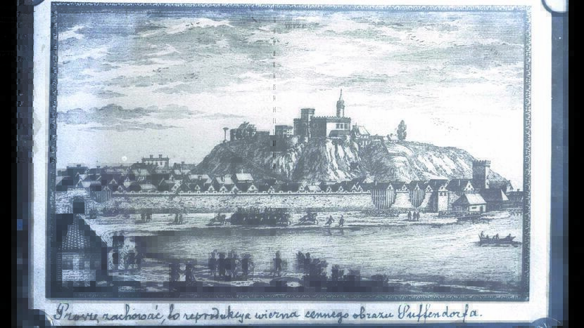 Widok na Iłżę i zamek w 1655 r. Kopia ryciny autorstwa Erika Dahlbergha, wydana przez Samuela Pufendorfa, Norymbergia 1696 r.<br />
