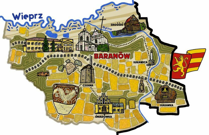 Tak   prezentuje się pierwszy fragment mapy powiatu, czyli gmina Baranów. Widać na niej poszczególne miejscowości, lasy, rzeki, pola uprawne, zabytkowe obiekty i symbole regionu. Każdy rysunek powstał odręcznie na podstawie zdjęć dostarczonych przez mieszkańców 