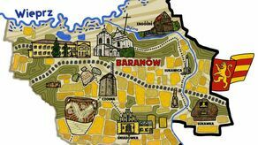 Tak   prezentuje się pierwszy fragment mapy powiatu, czyli gmina Baranów. Widać na niej poszczególne miejscowości, lasy, rzeki, pola uprawne, zabytkowe obiekty i symbole regionu. Każdy rysunek powstał odręcznie na podstawie zdjęć dostarczonych przez mieszkańców 
