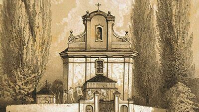 Fragment historycznej ryciny przedstawiającej jedną z najstarszych świątyń w powiecie puławskim