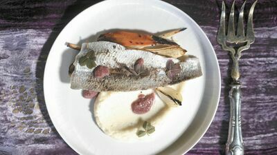 Pstrąg według receptury z Książki kucharskiej hrabiów na Włodawie i Różance przyrządzony przez Sylwestra Lisa z Atmosfera Caffe we Włodawie