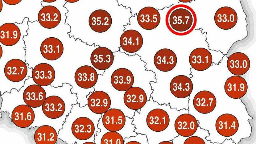 Rekord dnia padł dzisiaj w Ostrołęce i wyniósł 35,7°C. W województwie lubelskim najwyższą temperaturę odnotowano w Terespolu – 33,0 °C.