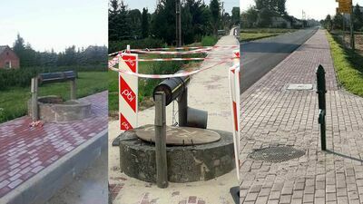 Z lewej - początkowe rozwiązanie problemu kolidującej z chodnikiem studni, w środku stan przejściowy, a po prawej - rozwiązanie ostateczne