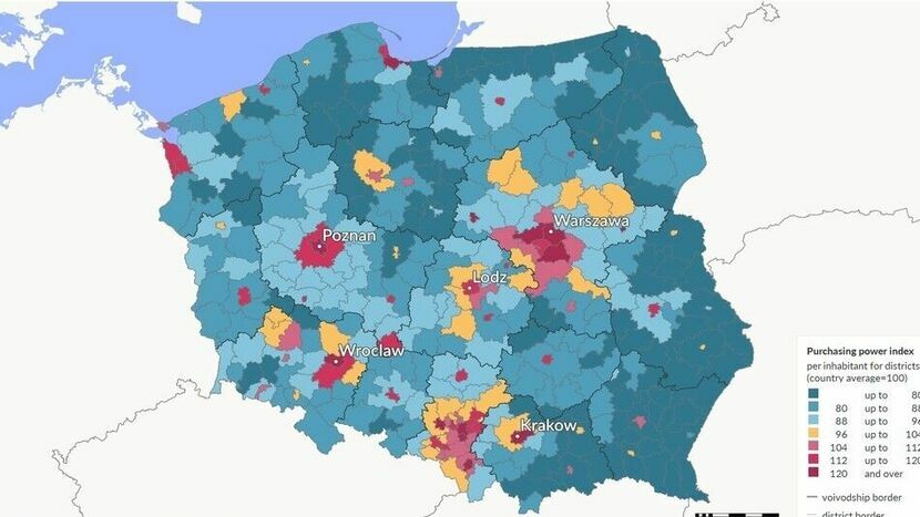 Mapa siły nabywczej powiatów w Polsce. Ciemnym granatowym zaznaczono najbiedniejsze, a bordowym najbogatsze regiony w kraju