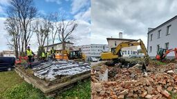 Parking zamiast ruiny, w której przechowywano świńskie półtusze 