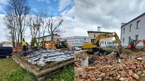 Parking zamiast ruiny, w której przechowywano świńskie półtusze