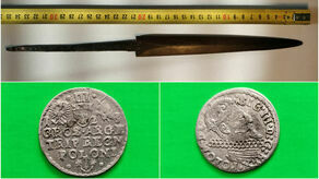 Łuski, medaliki, guziki, a wśród nich stara moneta