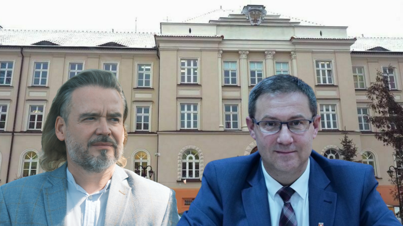 Od lewej: Wojciech Wołoch i Andrzej Maj. W tle budynek Lubelskiego Urzędu Wojewódzkiego
