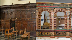 Na zdjęciu po lewej stan stalli przed podjęciem prac konserwatorskich, natomiast po prawej pokazano pierwotną, manierystyczną kolorystykę.