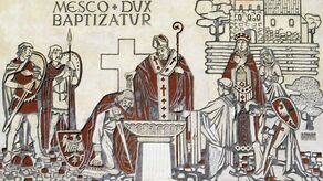 Chrzest Polski, współczesny fresk w Gnieźnie, obok pomnika Bolesława Chrobrego, w pobliżu katedry