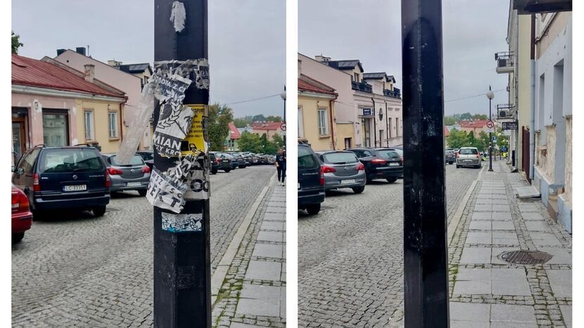 Pracownicy MPGK dla zobrazowania problemu pokazali jak trudno oczyszczić latarnie z naklejek i plakatów Chełmianki 