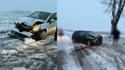 Spadł śnieg i wypadek gotowy - droga zablokowana 