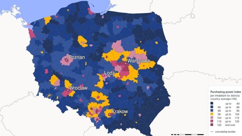 Bordowy, różowy i żółty - tu mieszkają bogatsi mieszkańcy Polski. Jaśniejsze odcienie granatu - średnio zamożni, a najciemniesze osoby z relatywnie najniższymi możliwości finansowymi