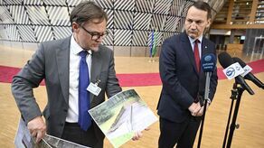 Minister spraw zagranicznych Radosław Sikorski i rzecznik prasowy MSZ Paweł Wroński podczas konferencji prasowej w Brukseli. Minister poinformował, że pomnik zamordowanych polskich więźniów w Miednoje został zdewastowany