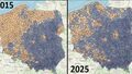 Porównanie poparcia dla kandydatów Platformy Obywatelskiej (żółty) i Prawa i Sprawiedliwości (granatowy) podczas wyborów prezydenckich w latach 2015 i 2025 w podziale na powiaty