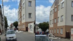 Na chodnik runęła część elewacji skarbówki. Miała zaledwie kilka lat 