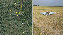 Z lewej mapa województwa lubelskiego z zaznaczonymi, potwierdzonymi miejscami znalezienia dronów, które naruszyły polską przestrzeń powietrzną. Po prawej - części drona znalezione na polu w Wohyniu w radzyńskim, ok. 100 metrów od zabudowań mieszkalnych