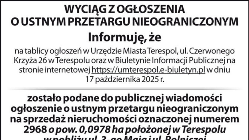Wyciąg z ogłoszenia Urzędu Miasta Terespol