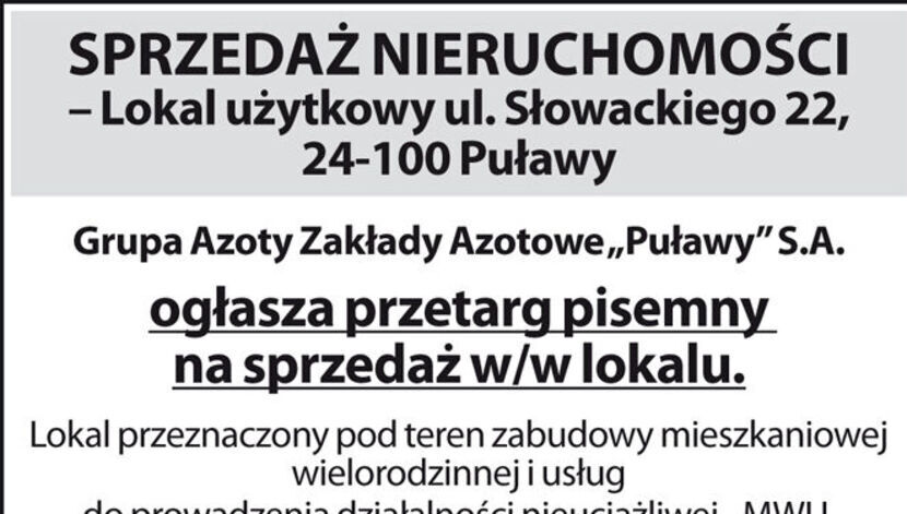 Sprzedaż nieruchomości Grupa Azoty Zakłady Azotowe w Puławach