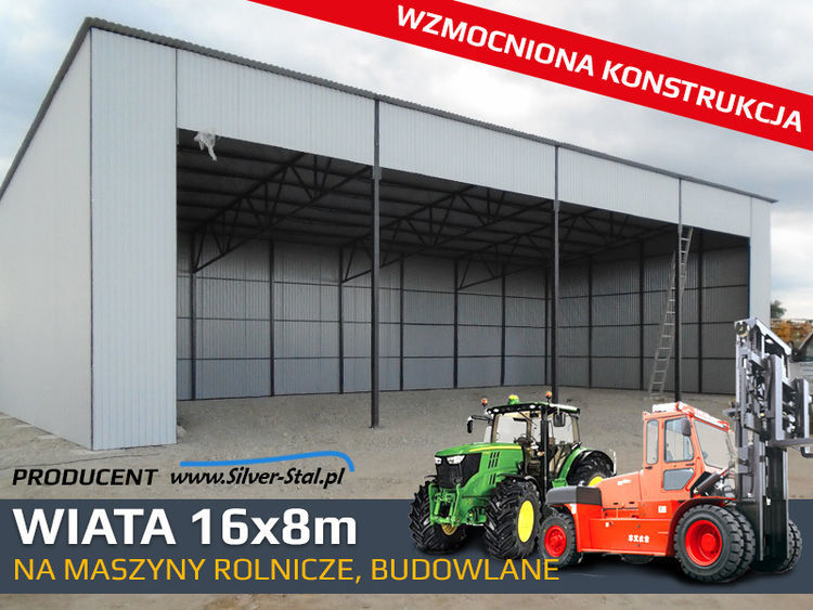 Wiata blaszana 16x8 garaż na maszyny rolnicze budowlane wzmocniona konstrukcja